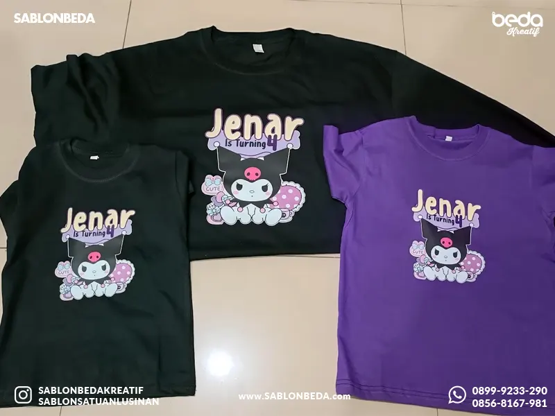 kaos couple keluarga ulang tahun anak tema Kuromi kartun lucu warna kaos hitam dan ungu