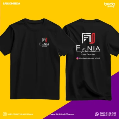desain kaos event organizer (EO) warna hitam sablon logo dan tulisan depan belakang